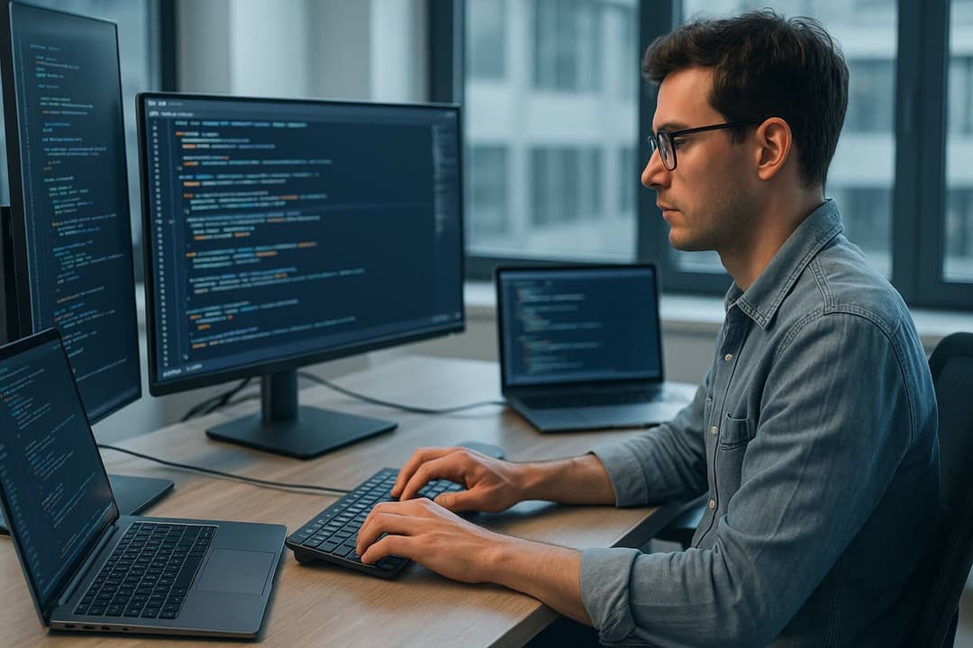 developer przed komputerem, kod, AdonisJS
