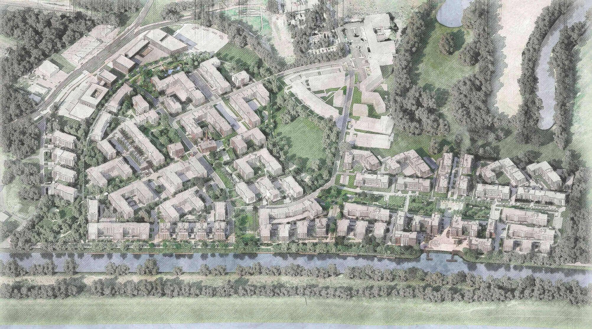 Rysunek urbanistyczny osiedla z zabudową wielorodzinną, zielenią i rzeką, widok z góry