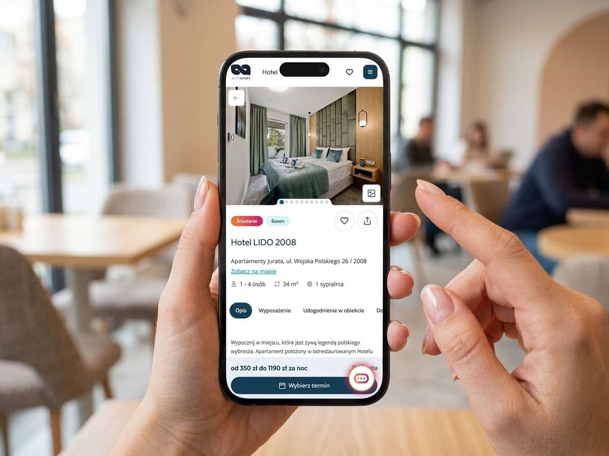 Pojedynczy apartament BlueApart wyświetlony na ekranie telefonu
