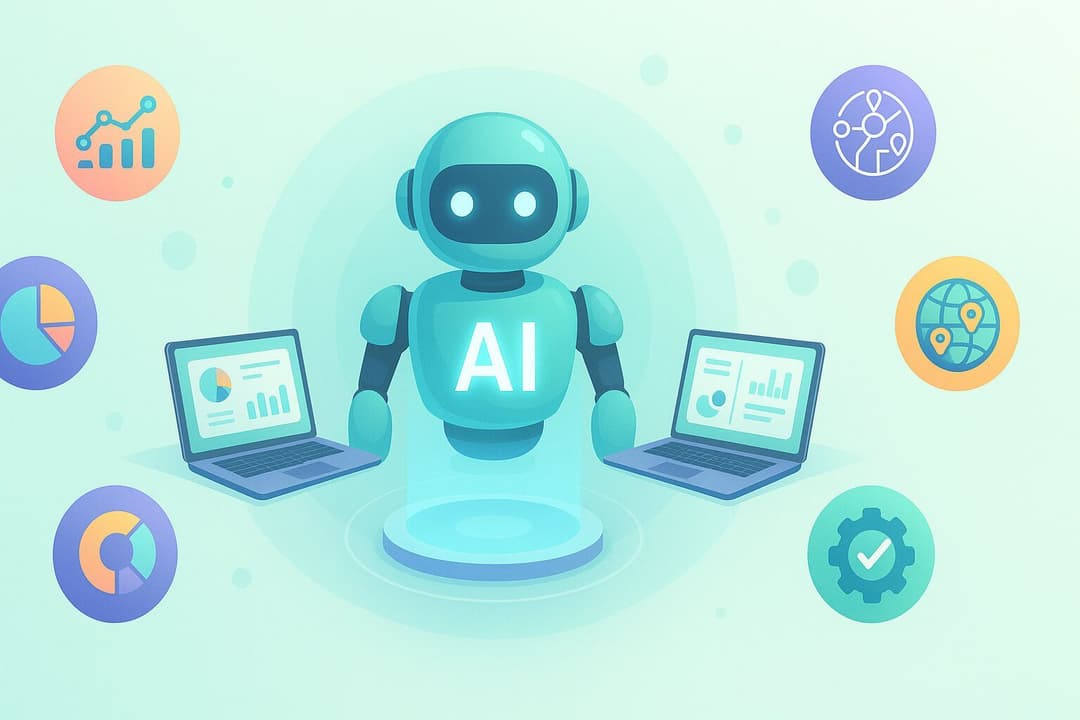 robot, 2 laptopy, Multimodal AI