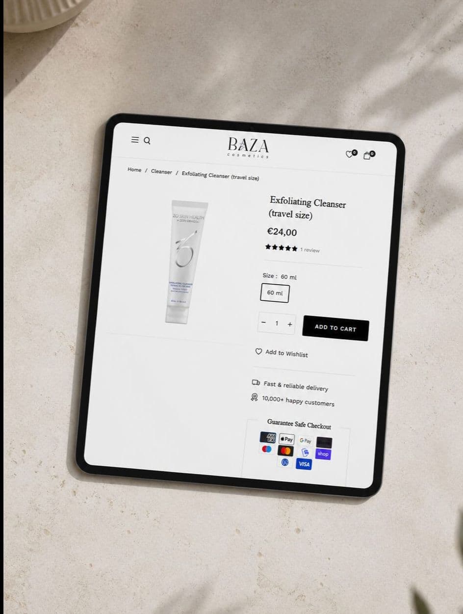 strona bazacosmetics na leżącym tablecie
