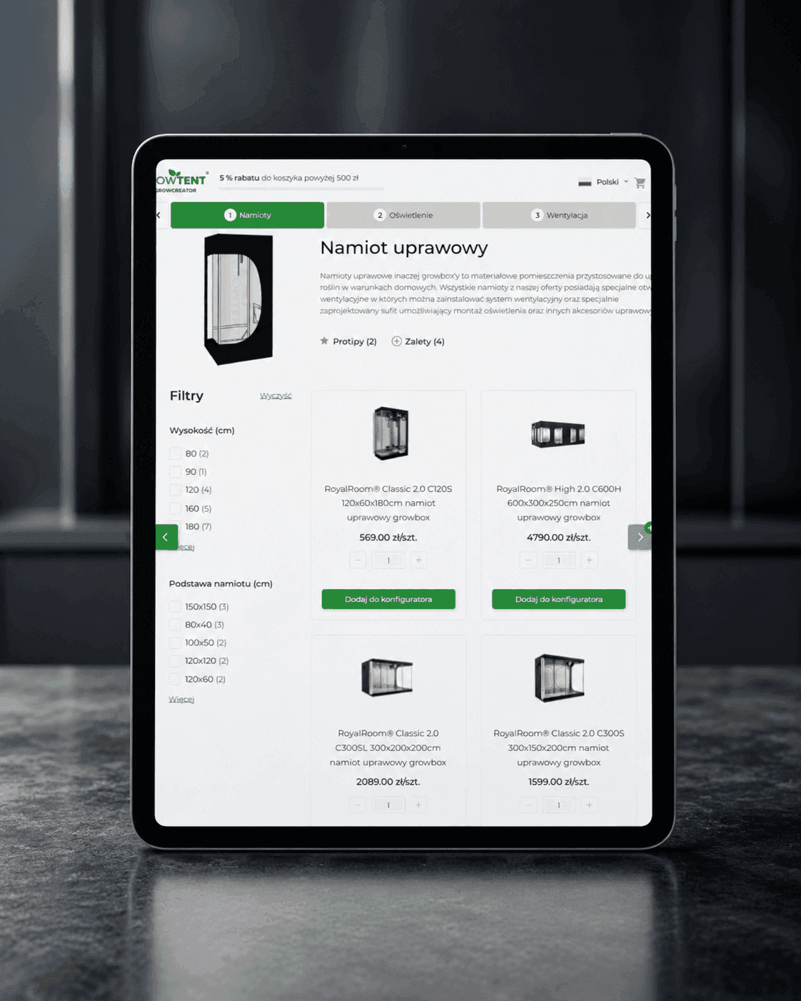 konfigurator produktu GrowBox na ekranie tableta